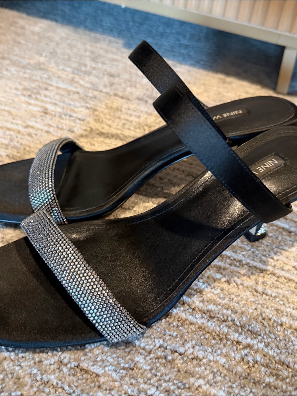 Nine West Black Satin Rhinestone-Trim Heeled Sandals
